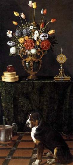 HAMEN, Juan van der Still Life with Flowers and a Dog France oil painting art